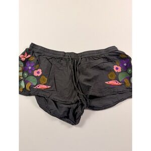 Lakhays Mushroom Floral Embroidered Cotton Shorts Charcoal Grey Boho Women M/L